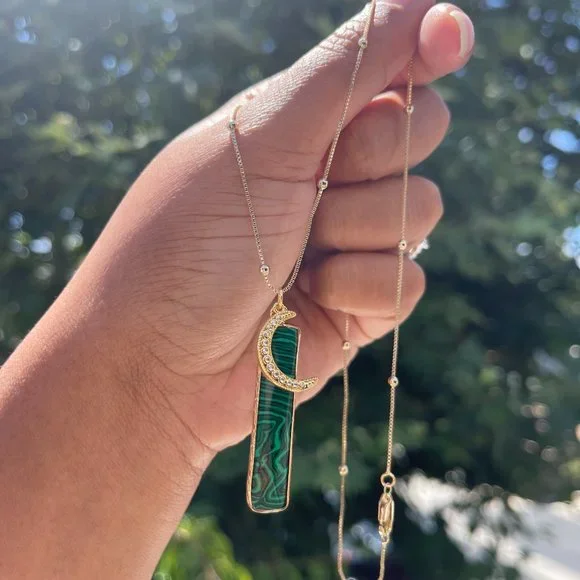 Malachite Moon Pendant Necklace 18K Gold Filled - Picture 3 of 5